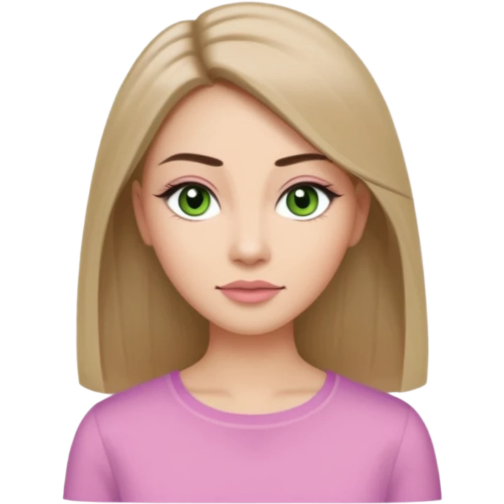 ,Adult woman avatar, light skin tone, oval face, long straight ash-brown hair, green almond-shaped eyes with dramatic eyelashes and minimal eyeliner, neutral mouth, medium straight eyebrows, small nose, natural pink lips, smooth skin with light natural blush emoji