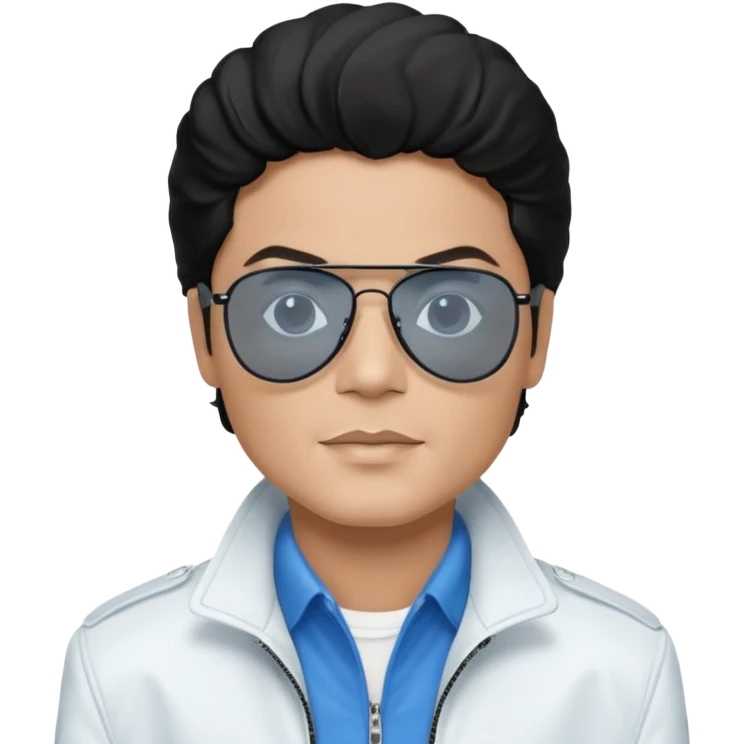 Michael Jackson is white, wearing completely black smokey Ray-Ban glasses, a white jacket, and a blue shirt. emoji