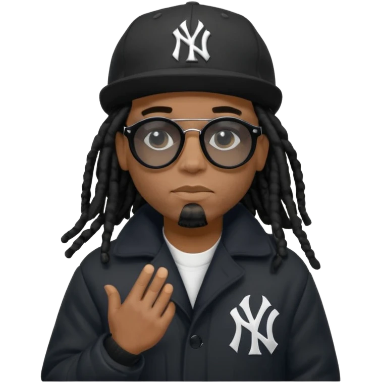 African American man with shoulder length black dreadlocks wearing black sunglasses with black bubble winter coat wearing a New York Yankees baseball hat with hands thinking on face emoji