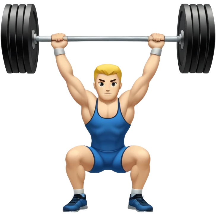 Emblem symbolizing weightlifting, featuring a barbell with heavy weights on either side, lifted above a strong, determined figure. The design conveys strength, focus, and the precision required in the sport. The barbell is centered, with a dynamic, bold style to emphasize power and athleticism.  emoji