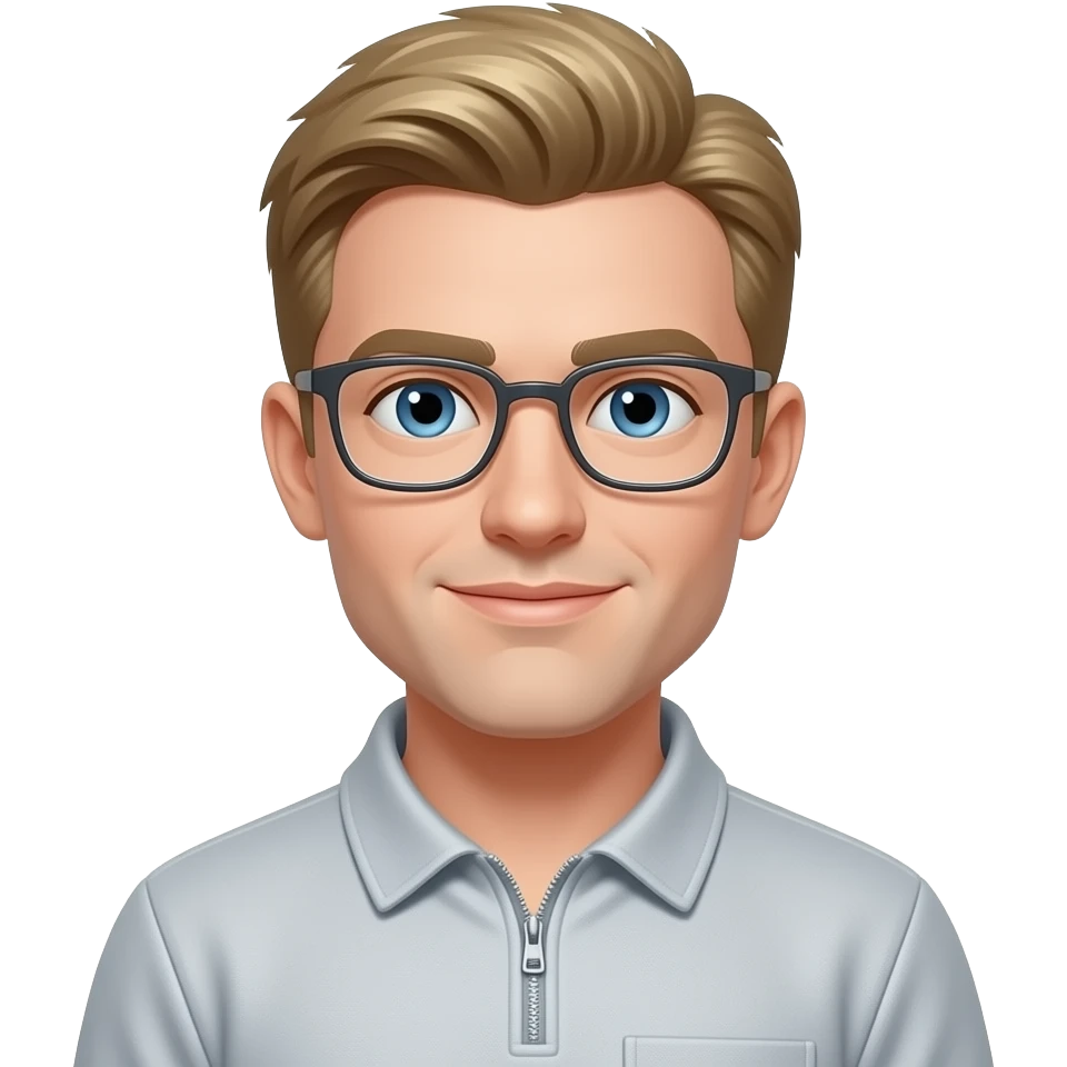 make an emoji for a white guy with clear glasses , dirty blonde/light brown hair blue eyes with a light grea quarter zip emoji