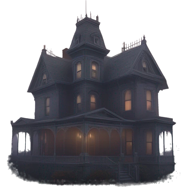 Wide view, A very roomy ramshackle Victorian Addams mansion looms through light fog at dusk  emoji