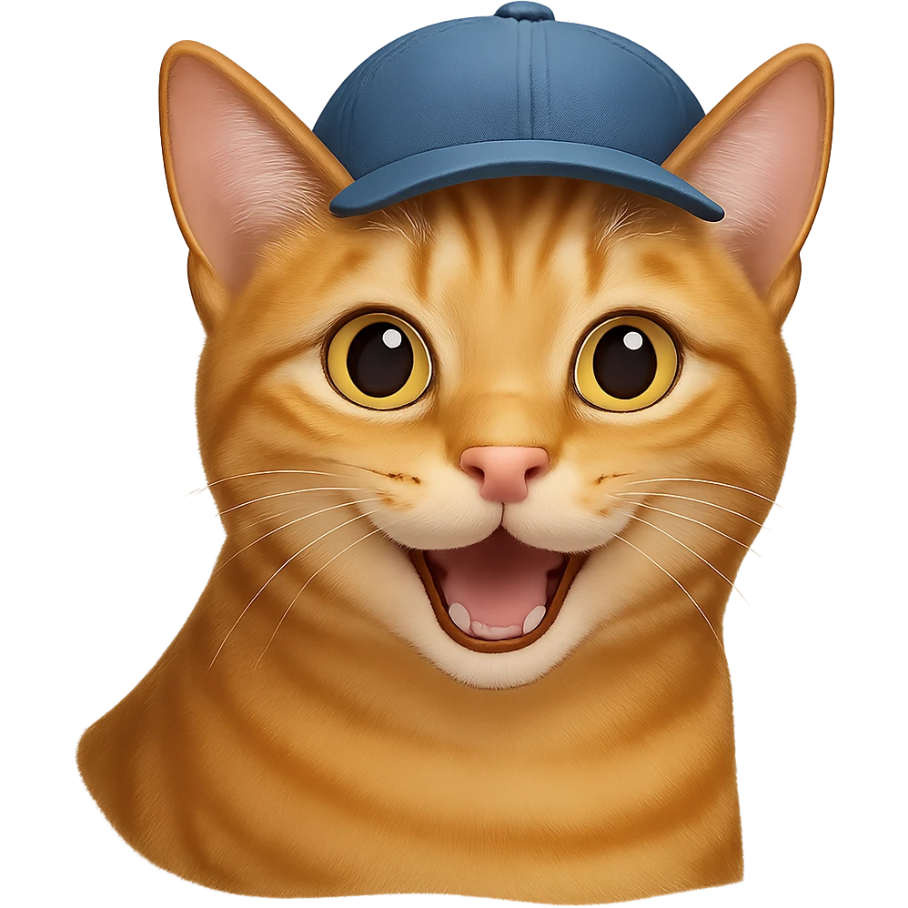Change the cat's face expression to happy, keep the blue cap, and set the background to transparent. Maintain a style as close to the original realistic emoji as possible, with detailed fur texture and lifelike appearance. emoji