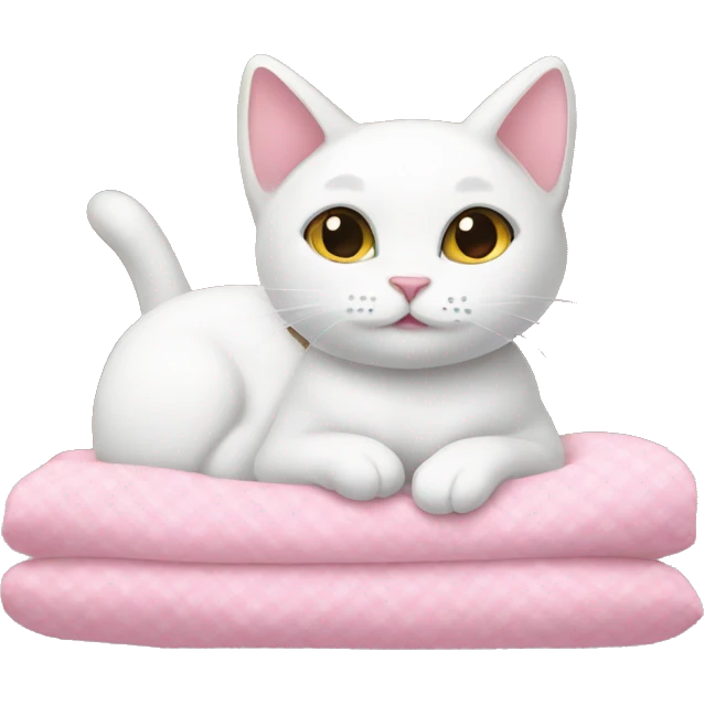 White Cat in bed with pink bows  emoji