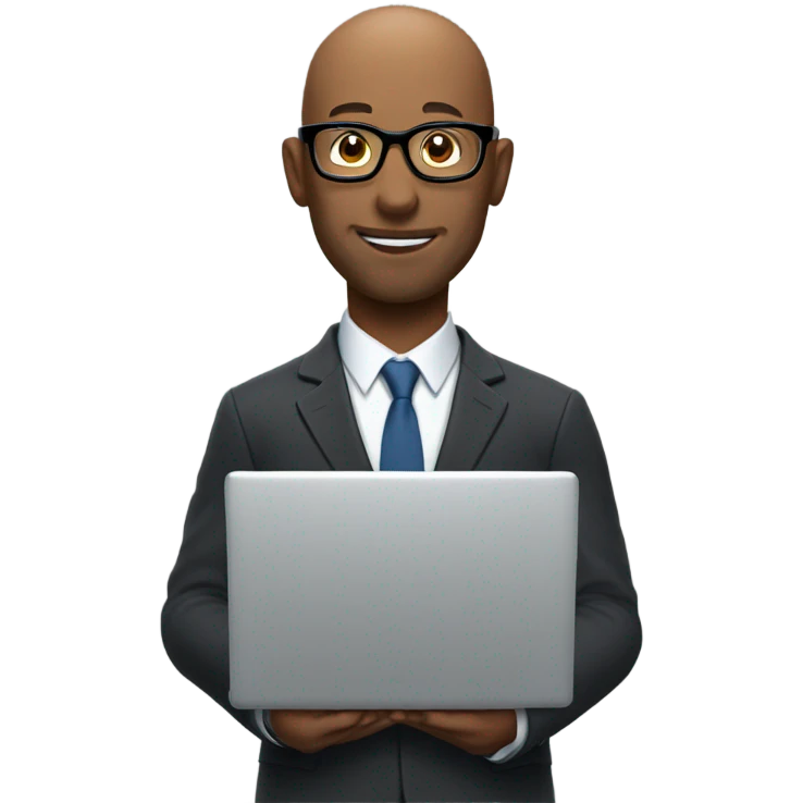 Bald man with glasses wearing a suit and holding a laptop emoji