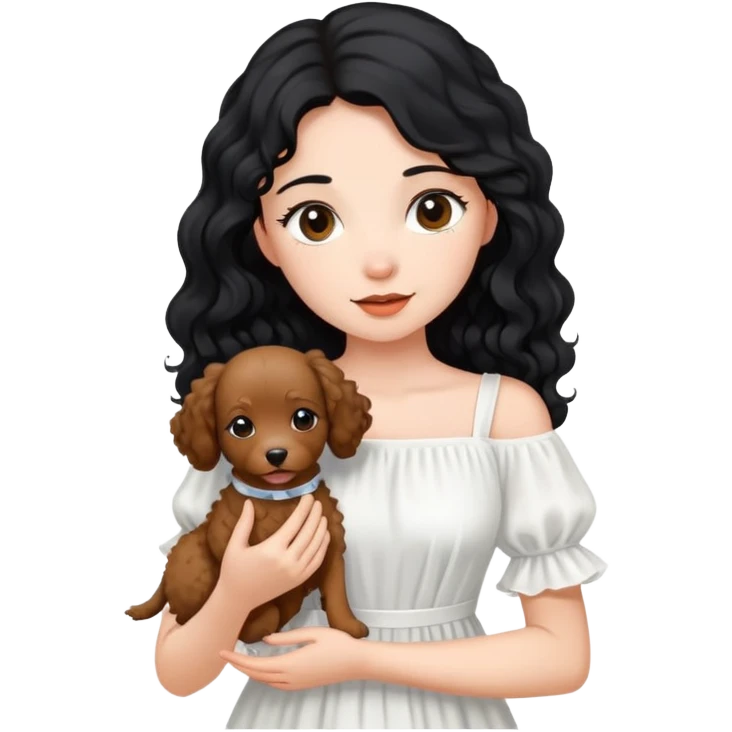 A beautiful girl with long black hair in a white dress holds a small brown curly-haired dog emoji