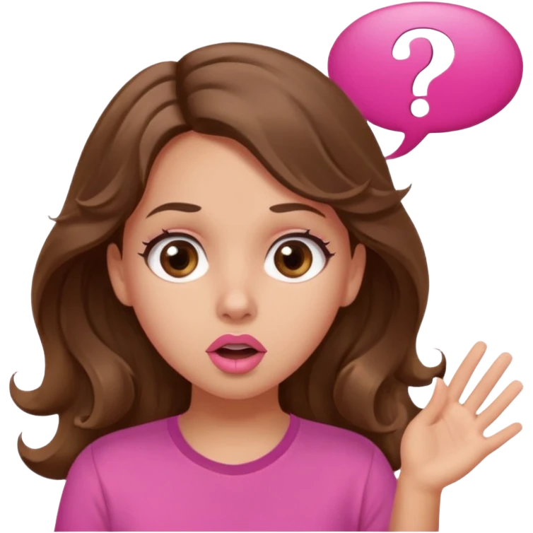 girl with long wavy brown hair, brown eyes, light to medium complexion, in a pink shirt, pink lips, long lashes, surprised, question mark speech bubble emoji