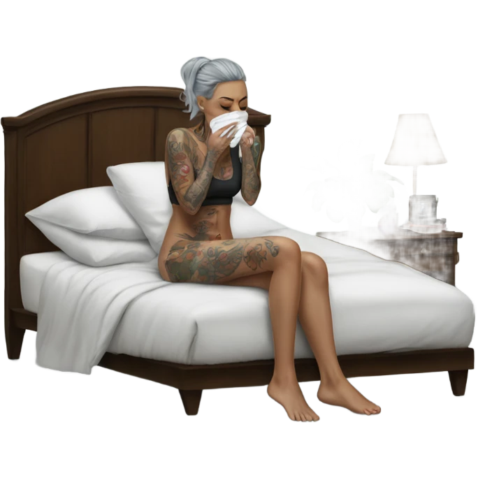 Hyper Realistic Beautiful tattooed woman crying holding a tissue lying on her bed emoji