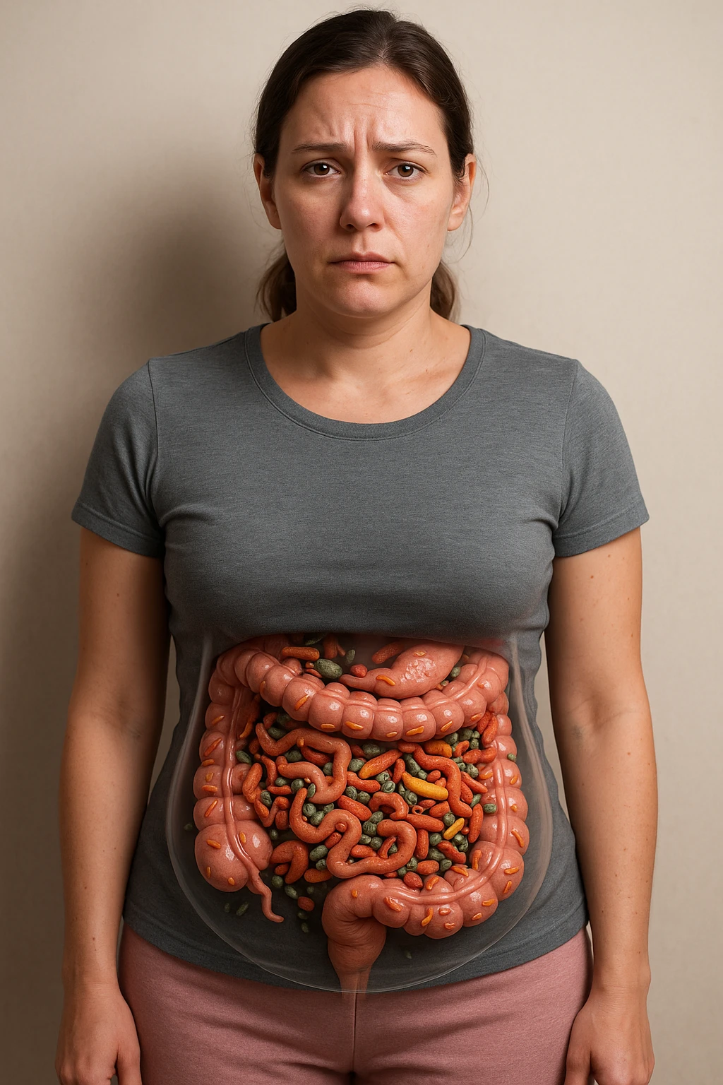 donna con batteri cattivi pieni nel suo intestino immagini realistiche emoji