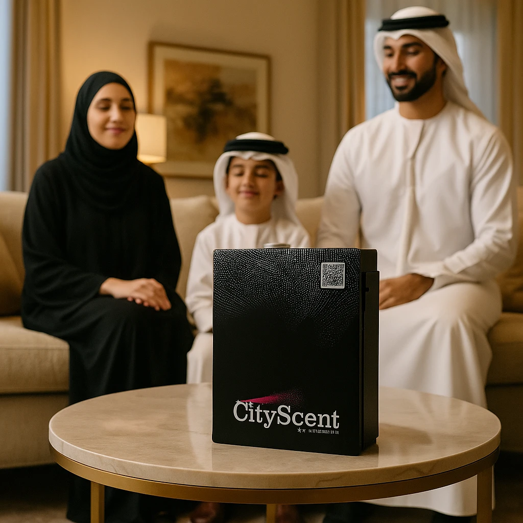 Create a vertical (portrait, 9:16 aspect ratio) Instagram Story–style image depicting the CityScent air freshener machine on a table in a luxury house. Show a family in Arabic attire sitting or standing nearby, enjoying the relaxing scent. The scene is realistic, elegant, and formatted for Instagram Stories. emoji