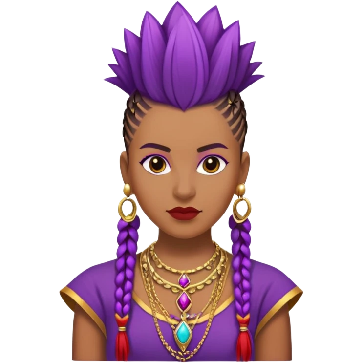 Brown skinned woman who is 5ft 6in with a mohawk individual braids, wearing a purple,  gold and red dashing wearing royalty jewelry emoji