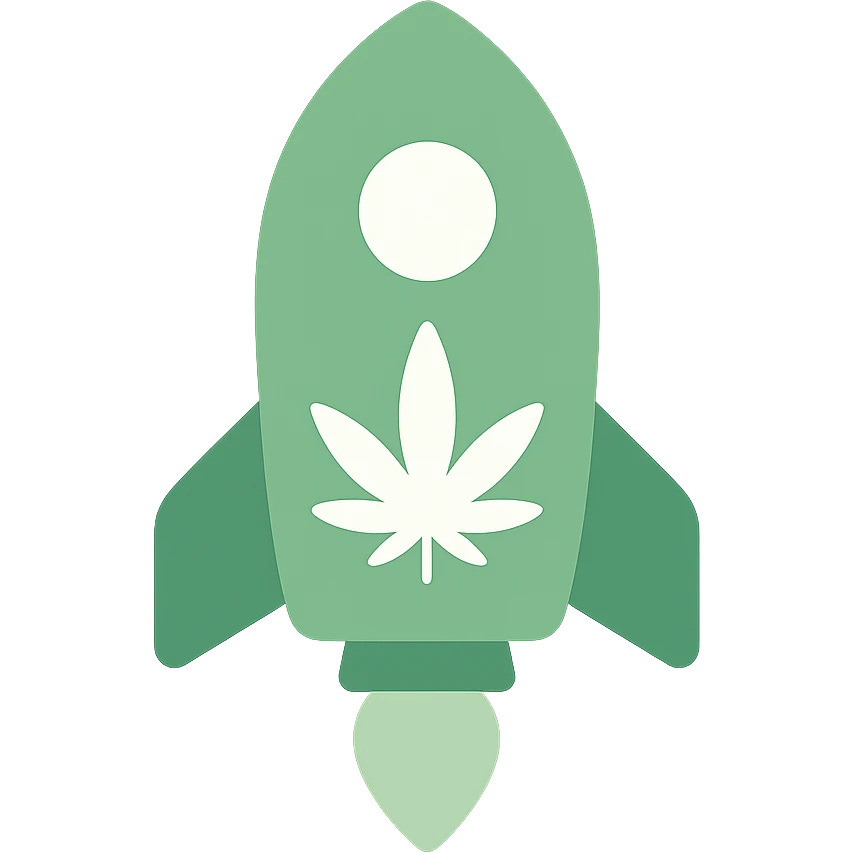 A rocket icon incorporating a cannabis leaf, minimalist flat design, green and white color scheme. emoji