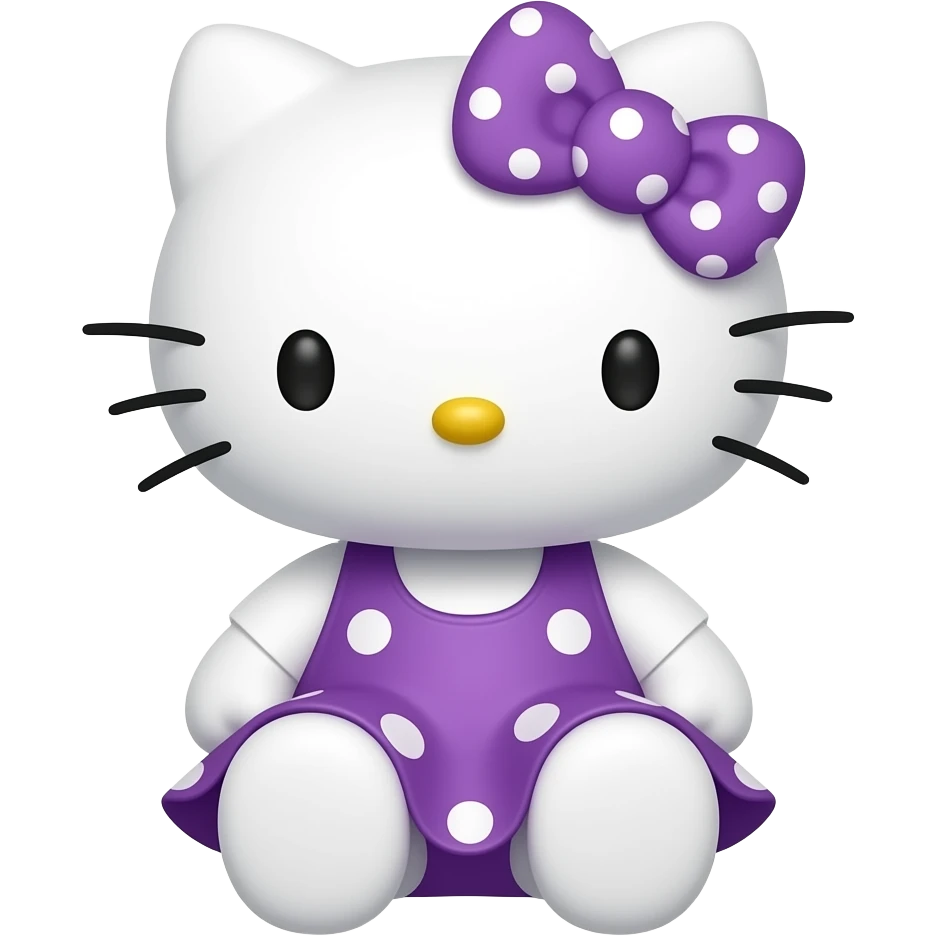 hello kitty sitting down wearing purple with white polka dots skirt and a white shirt with a purple with white polka dots bow emoji