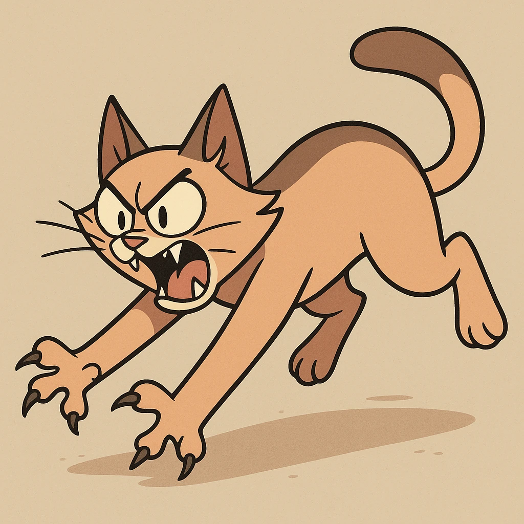 a cat launching a playful attack, cartoon style, dynamic and expressive emoji