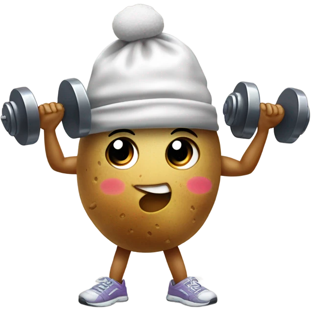 Picture a little potato character with arms, wearing tiny workout gear like a headband and sneakers. It’s lifting a dumbbell in one hand and dripping sweat with tiny droplets around it, maybe even with a determined facial expression. emoji