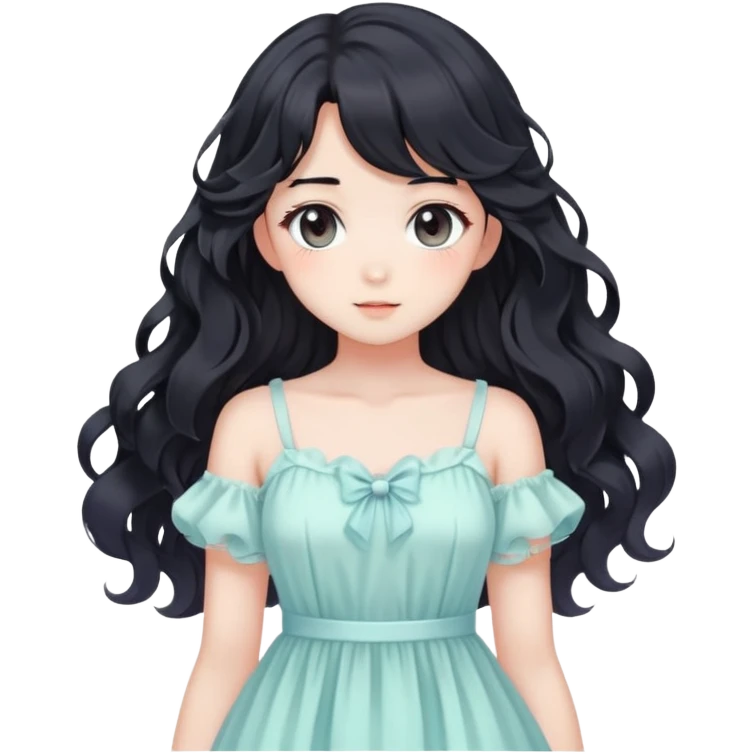 Pretty anime girl with flowing black wavy hair and a soft delicate pastel dress, kawaii style emoji