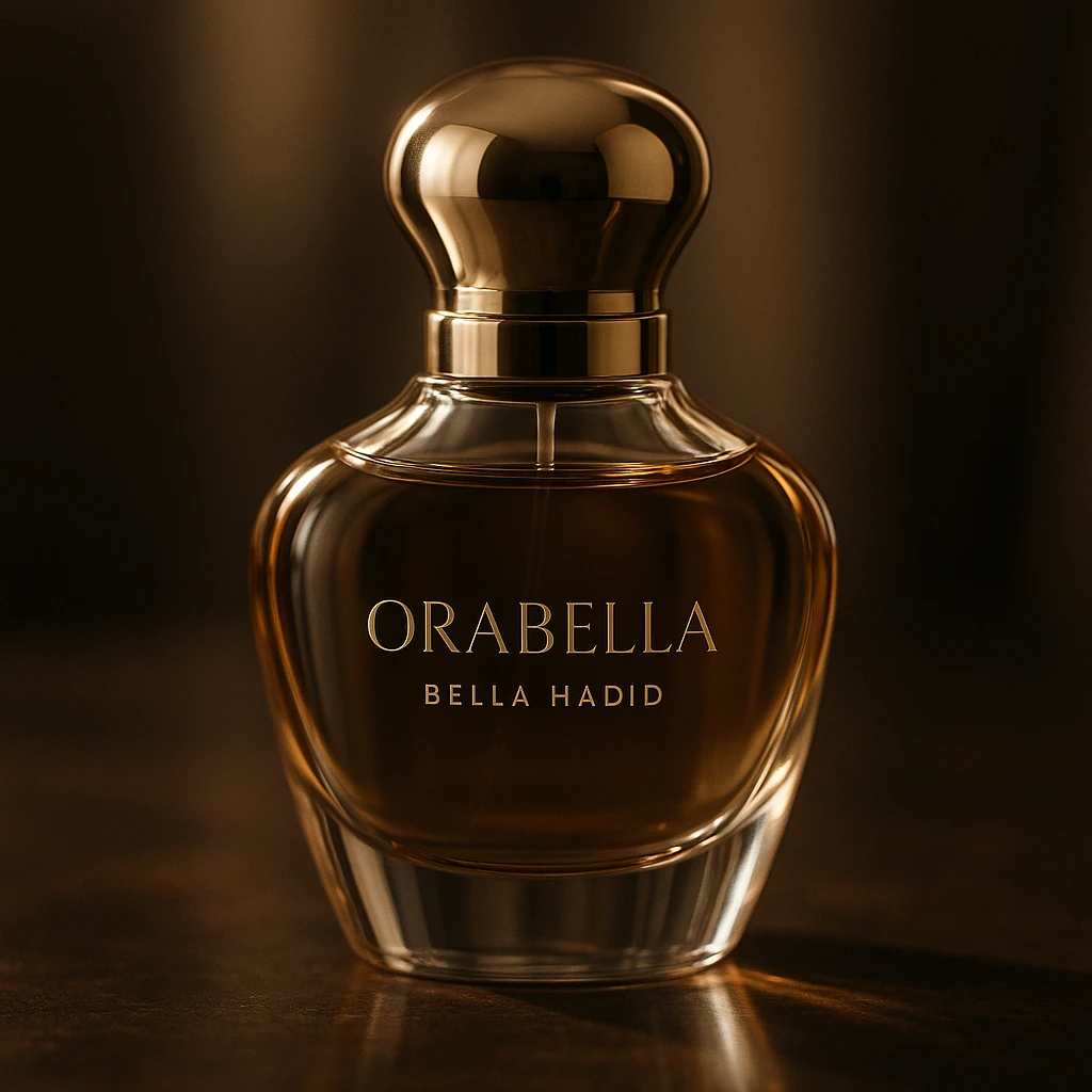 cinematic, realistic 3D rendering of the Orabella fragrance bottle by Bella Hadid, elegant lighting, luxury product photography style emoji