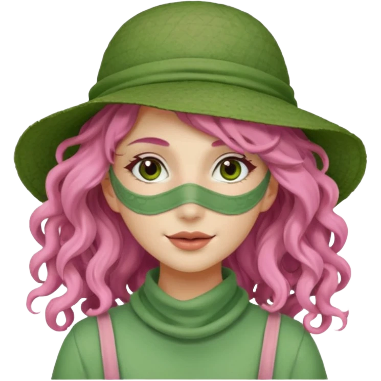 pink haired very long curly haired woman with full full face green clay mask and a hat emoji