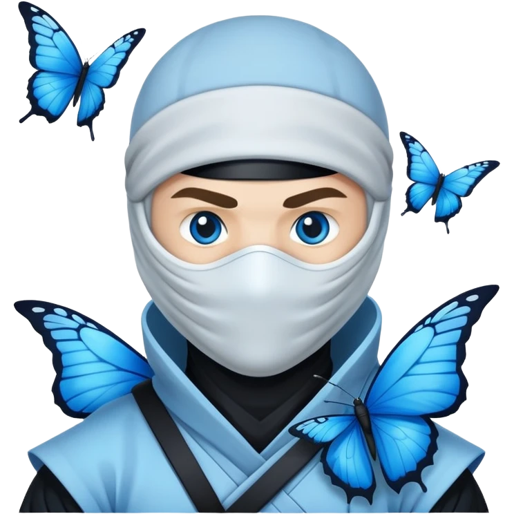 Crea una imagen con estos dos emoji 🥷🏻🦋
él ninja de piel blanca con la mariposa azu posada en el hombro como si estuviera volando. emoji