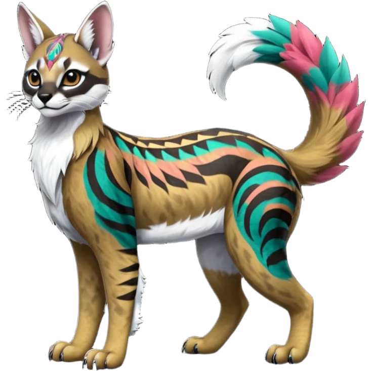 Colorful dark tropical tribal glorious divine exotic cute cool beautiful beautiful fantasy-caracal-civet-genet-sergal-vernid-Gryphon-Cacomistle-Trico-oncilla-animal-Fakémon-hybrid-fursona (full body) emoji
