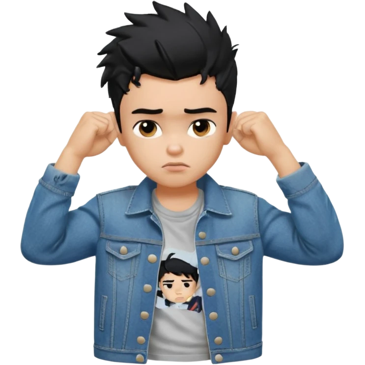 a PRETTY BRATZ boy with black messy hair, one hand on head. looking sad. lean biceps emoji