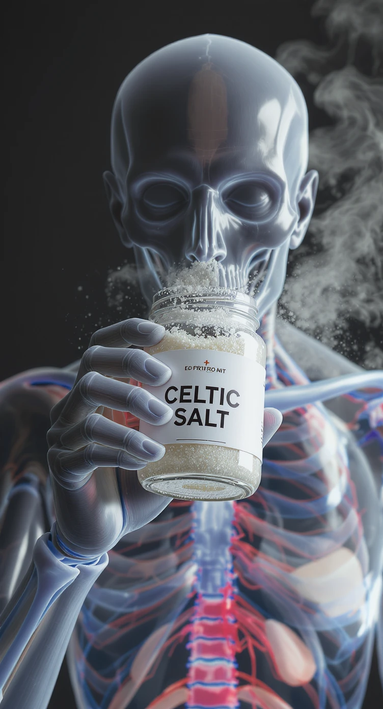 A MEDICAL ILLUSTRATION OF A REALISTIC human body holding a jar with "CELTIC SALT" written on the label, he throws it in his mouth DURING BREAKFAST emoji
