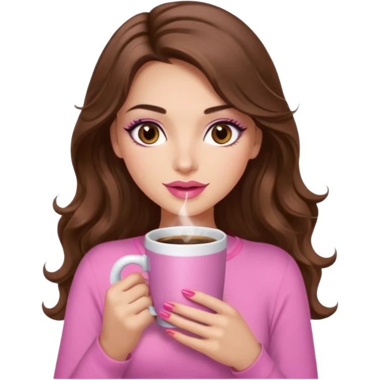 girl with long wavy brown hair, brown eyes, long lashes makeup, sexy pink lips, light to medium complexion, pink sexy top, with a hot coffee mug emoji