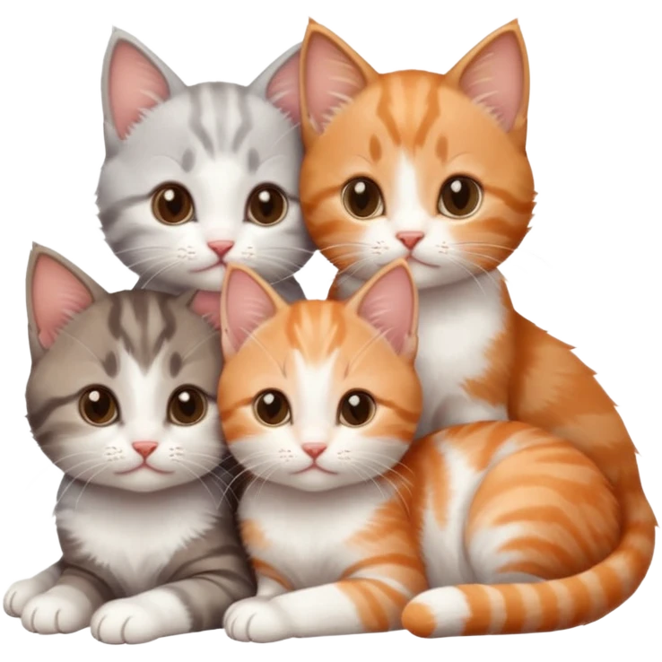 3 tiny kittens cuddling together all different colours, the first one is grey and white, the second is ginger and white and the third is brown tabby and white emoji