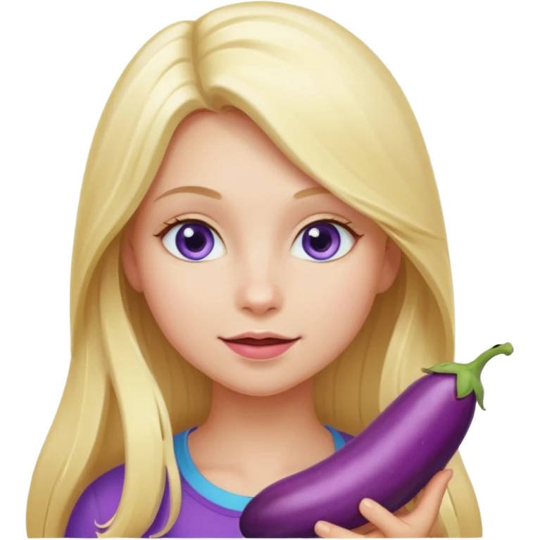 Blonde long hair girl, blue eyes, eating an eggplant emoji