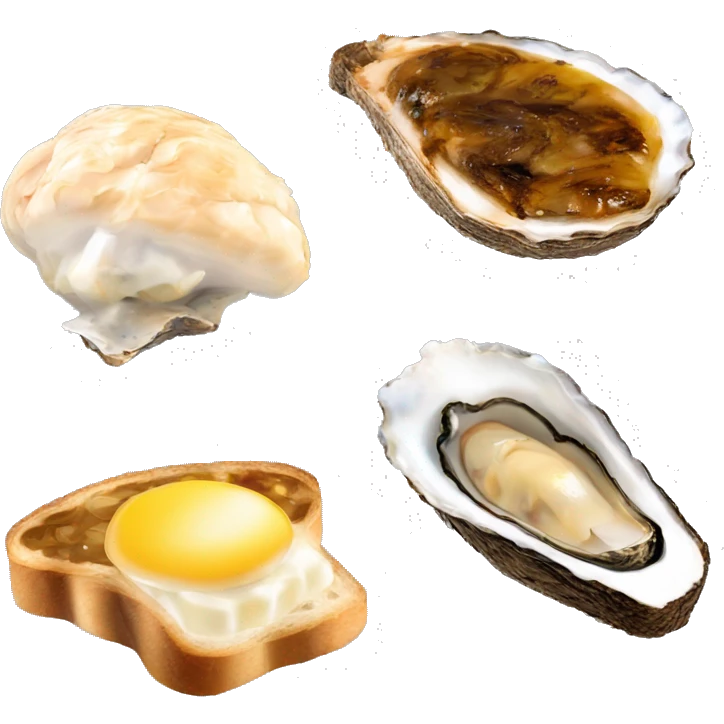 slice of black toasted bread with pan of oysters, fire turkey with cheey face emoji