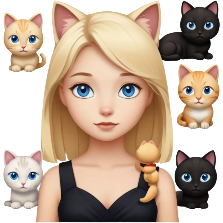blonde girl with blue eyes astrology in black dress with different cats emoji