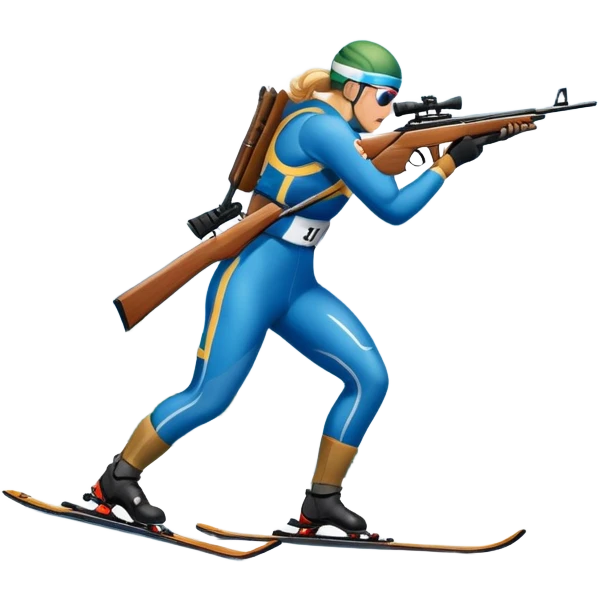An icon featuring snow-covered trees, distant mountains, and a clear blue sky with a biathlete in motion, holding a rifle and skiing across a snowy course. Transparent background highlights the precision, endurance, and excitement of biathlon. emoji