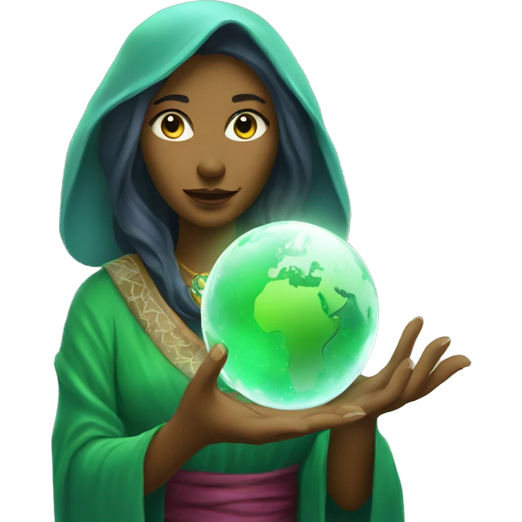 Female Fortune teller holding a crystal ball with the green earth inside it emoji