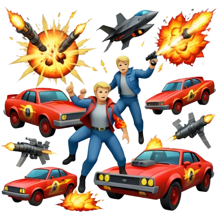 Icon for Action Movies Collage: Collage of iconic action movie elements, including explosions, a hero with weapons, a high-speed chase, and dramatic fight scenes. The design should be dynamic, colorful, and full of energy, capturing the essence of action films. Transparent background. emoji