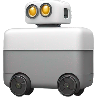 solid horizontal rectangle gray delivery robot with white circle white led eyes and opening lid on 4 wheels with food, minimalistic design emoji