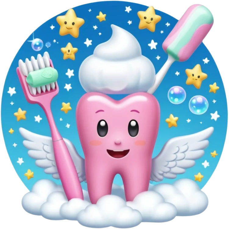 Giant cartoon toothbrush, pink toothbrush, cute molar character with angel wings, tube of pastel toothpaste, sparkles, magical sparkles, shooting stars, fluffy white clouds, soap bubbles, floating tooth fairy coins. emoji