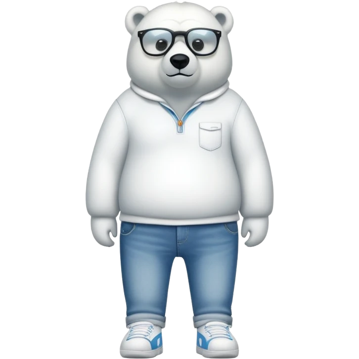 friendly anthropomorphised polar bear standing upright, looking chilled and unbothered, wearing a shirt, jeans, trainers, extravagant glasses emoji