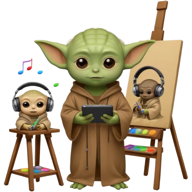 Baby Yoda in his brown robe listening music on his headphones, painting a picture on an easel and surrounded by paint pots. emoji