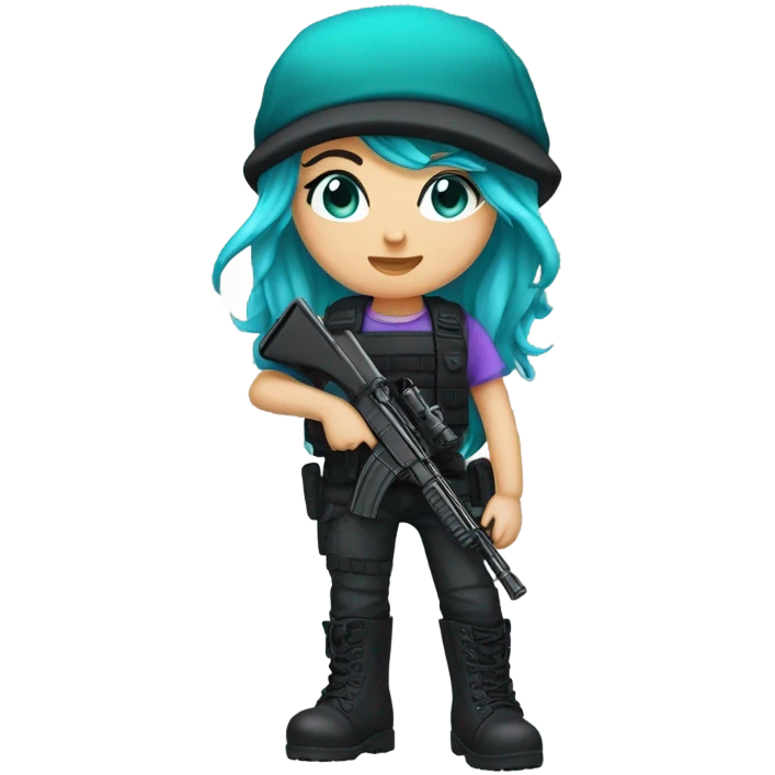 Girl, white skin, tactical vest, dark pants, long teal hair, blue eyes, purple beanie hat, gun, black combat boots emoji