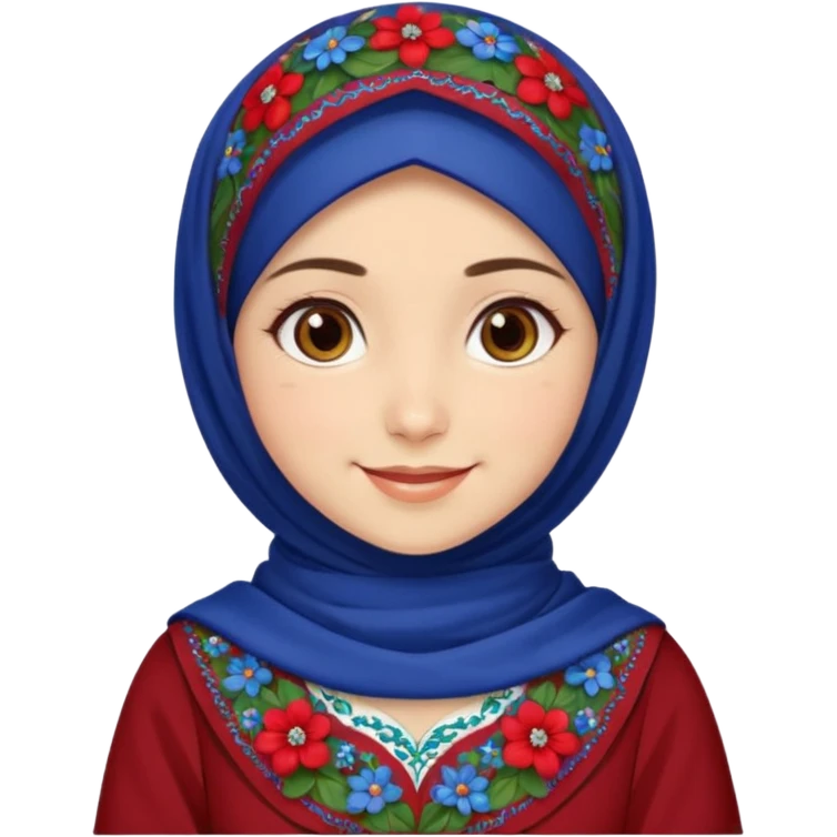 Turkish beautiful finish Konya girl brown eyes white skin with red blue indigo green mini mixed flowers hijab and brown islamic dress and smiles emoji