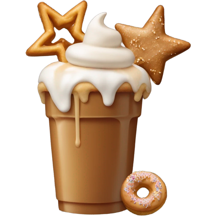 a caramel toffee shake topped with a toffee donut hole, gold star marshmallow, toffee covered pretzel and macadamia nut cookie emoji