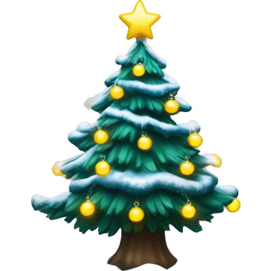 Dark Green Christmas tree with snow on it. blue & white Christmas ornaments on it. Yellow fairy lights. emoji