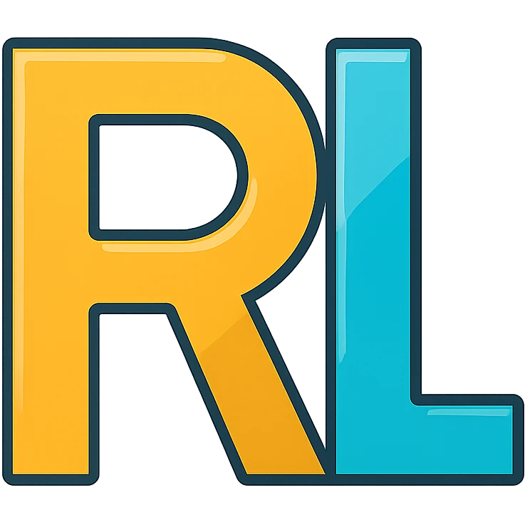 contemporary 'RL' logo using bold minimal sans-serif typeface, clean balanced lines, hint of metallic or gradient sheen, simple transparent background, designed to evoke strength innovation for technology company emoji