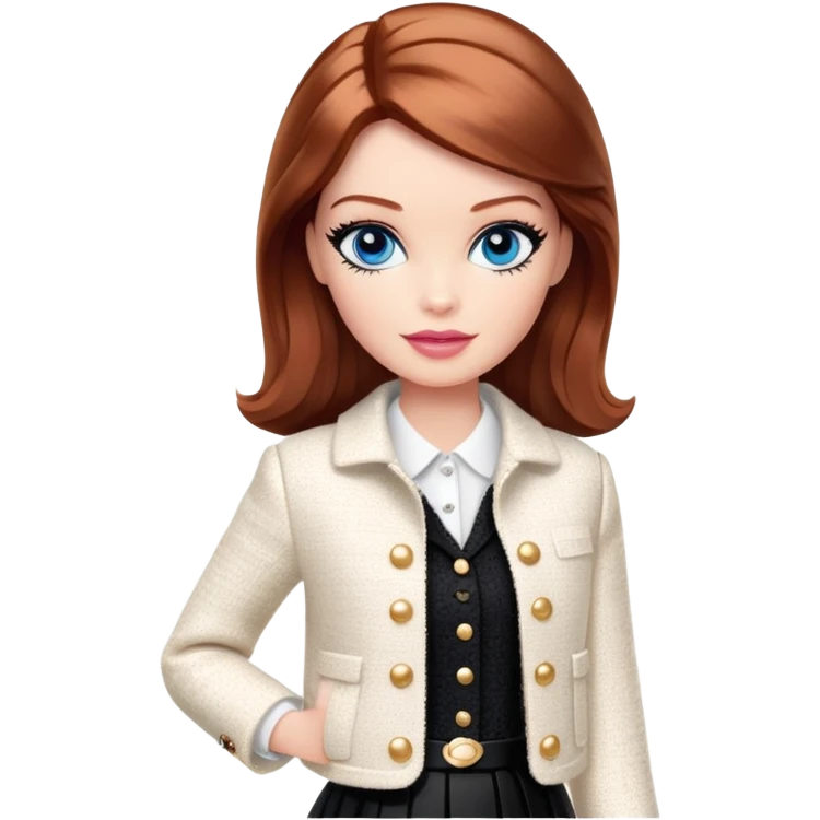 A Barbie girl with blue eyes, shoulder-length reddish-brown hair with makeup, wearing a white tweed jacket and a black skirt stands with chanel brand cream emoji
