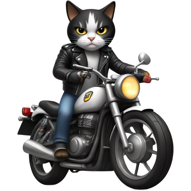 Angry, black and white cat wearing a leather jacket on a motorcycle emoji