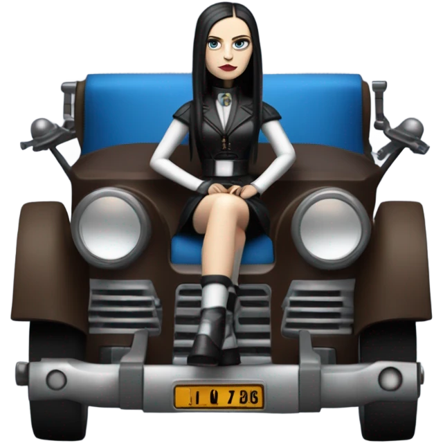 Jedi bounty hunter Wednesday Addams racing sitting in a modern blue,red and pewter steampunk electric luxury emoji