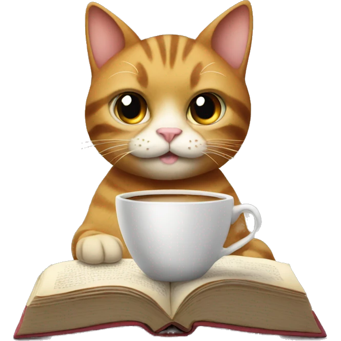 cat reading book and drinking coffee emoji