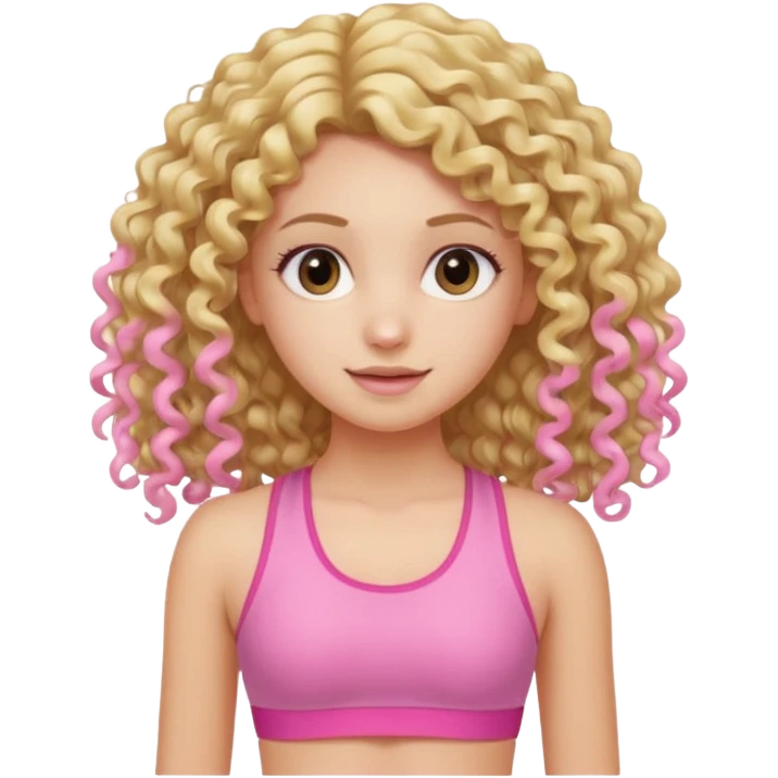 long hair curly blond haired girl DOING EXERCISE in a cute pink set emoji
