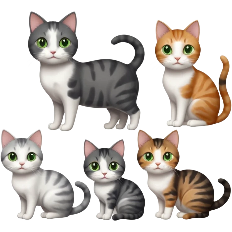 6 different coloured small cats including a dark grey and white, and a patchy calico, and a brown tabby and white,  and a completely solid dark grey with green eyes and only white paws emoji