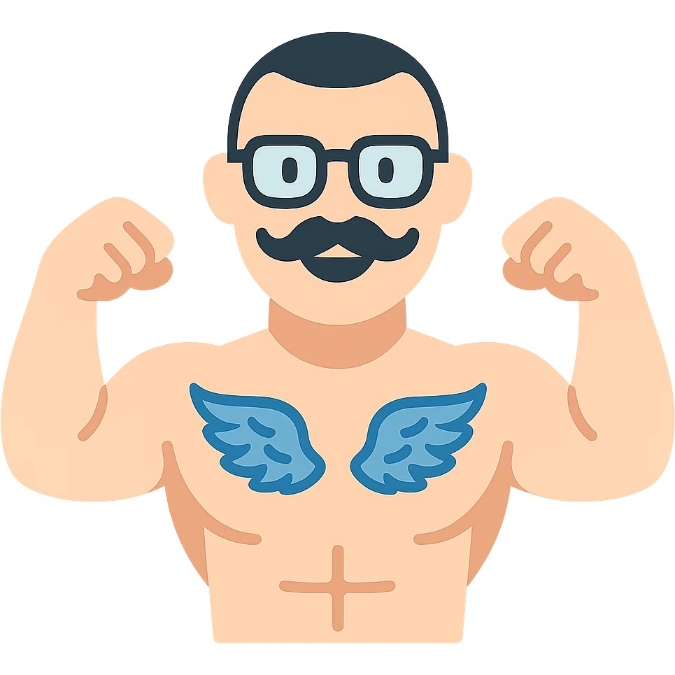 pumped up white male, glasses, buzz cut black hair, handlebar mustache black, two wings tattooed on his chest emoji